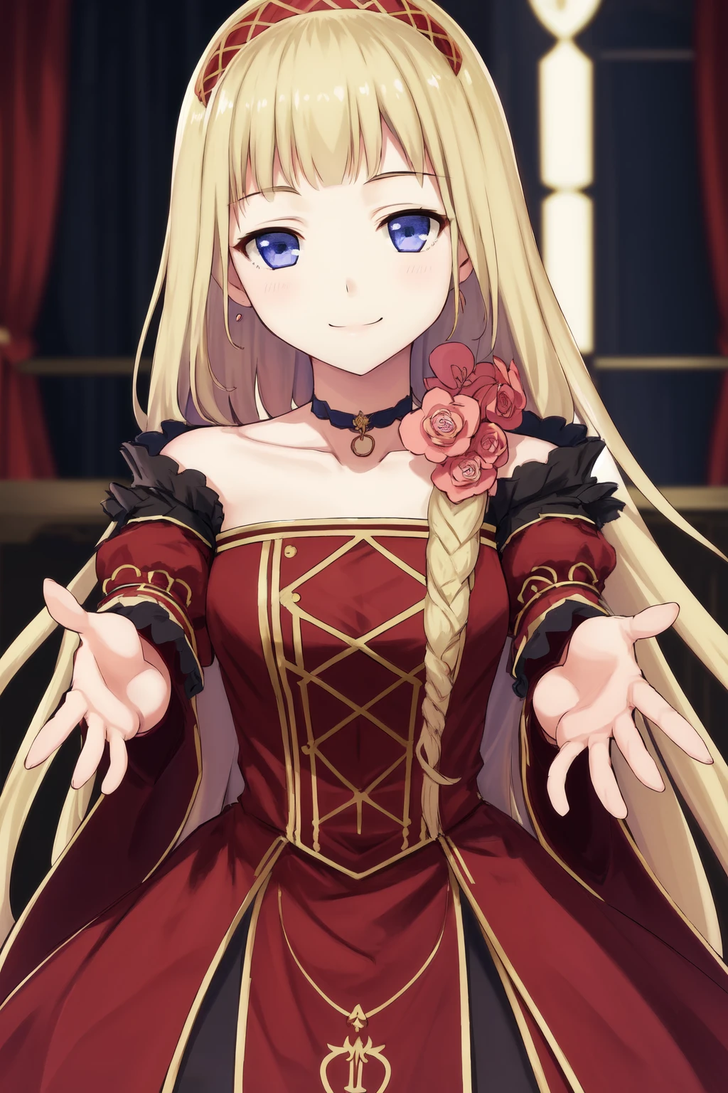 masterpiece, best quality, highres, 1girl choker flower red dress bare shoulders puffy sleeves juliet sleeves <lora:lilianna_centostella:1> (outstretched arm, reaching out:1.2), smile