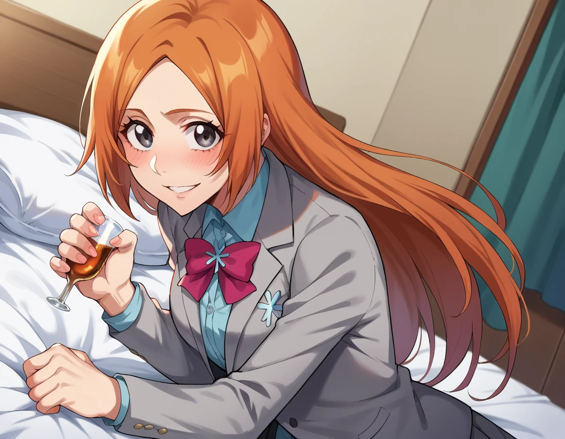 score_9, score_8_up, score_7_up, source_anime,
inoueorihime, <lora:inoue-orihime-ponyxl-lora-nochekaiser:1>,
inoue orihime, long hair, orange hair, grey eyes, smile,
skirt, bow, school uniform, jacket, blazer, grey jacket,
indoors, bed, bed room, on side, blush, drunk,
looking at viewer, cowboy shot, dutch angle, dynamic pose,