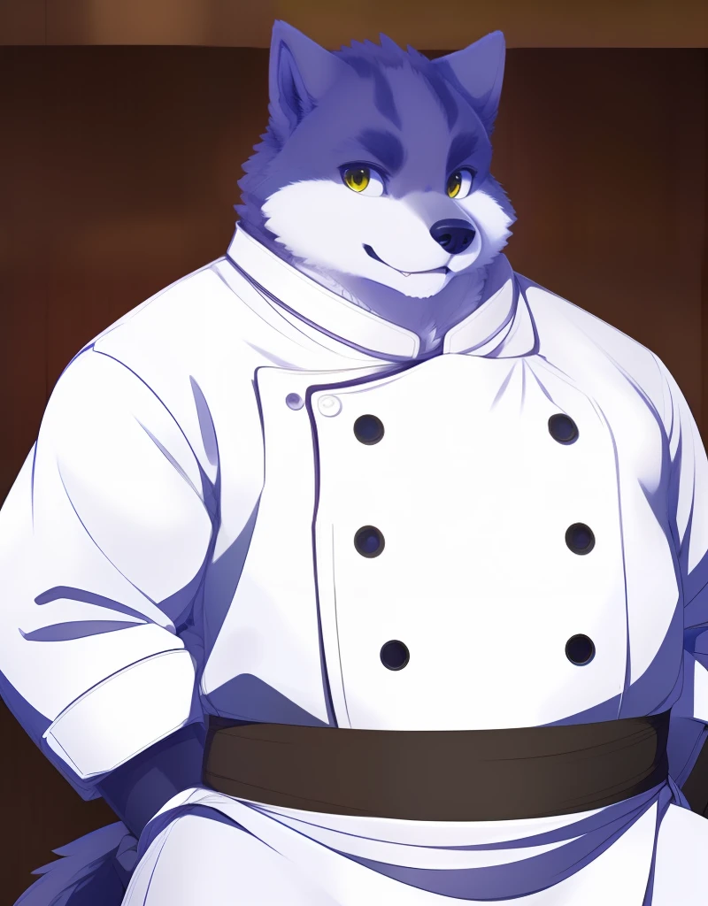 (((detailed eyes, detailed face))), (furry, arashi <lora:character_arashi_findigo_v2:1>, two-tone fur, grey fur, dog boy, snout, yellow eyes), male, (solo), (plump, fat, chubby, overweight), (chef clothes, waist apron), sitting, (arms behind back), smile, (front view) BREAK (konzaburou, ukan_muri, cute), bedroom, (flat shading, flat color, high brightness), 8k, UHD, masterpiece, (full body)