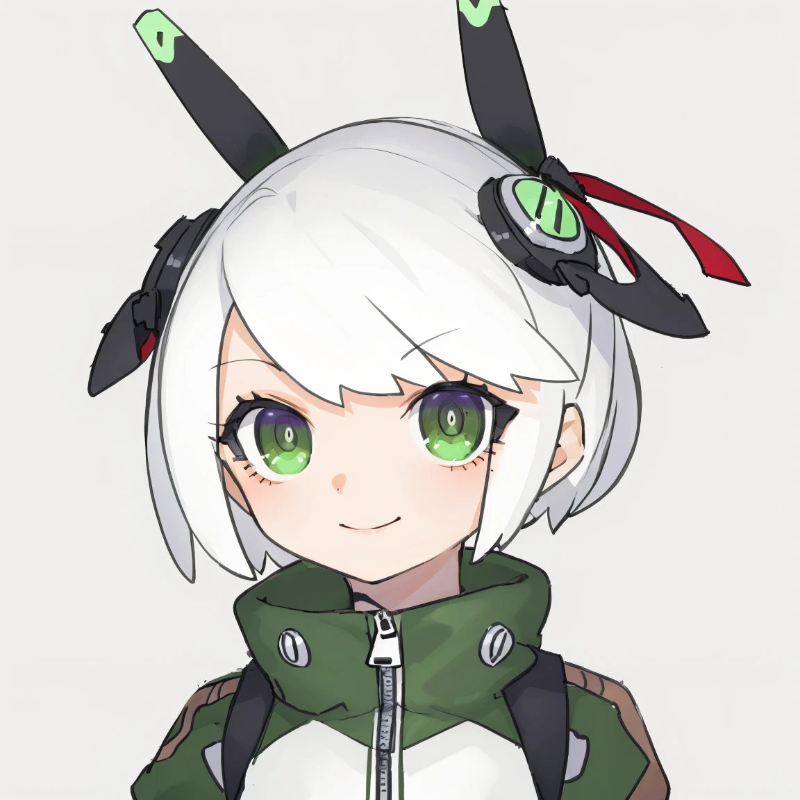 lvzi, short_hair, 1girl, green_eyes, white_hair, simple_background, solo, colored_skin, looking_at_viewer, white_background, closed_mouth, smile, headgear, blue_skin, zipper_pull_tab, zipper, sketch, portrait, collar <lora:lvzi-000006:1>, best quality,amazing quality,very aesthetic,absurdres,