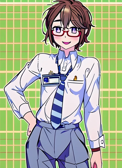<lora:kafukastel18:0.85> kafukastel, 1boy, glasses, hand on hip, white shirt, sleeves rolled up, solo, striped, black pants, id card