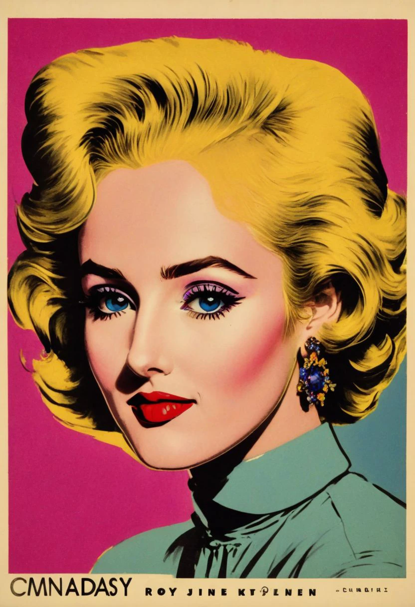 prtxztl, 1girl, solo, jewelry, blue eyes, earrings, blonde hair, lipstick, makeup, short hair, looking at viewer , screen printing, halftone printing, contemporary art, modern art, graphic art, commercial art, bold colors, bold lines, comic book style, comic art, advertising art, kitsch, retro style, vibrant colors, flat color, newsprint texture, illustration, art by Andy Warhol and Roy Lichtenstein, retro art style, ligne claire, pop art, vintage advertising poster