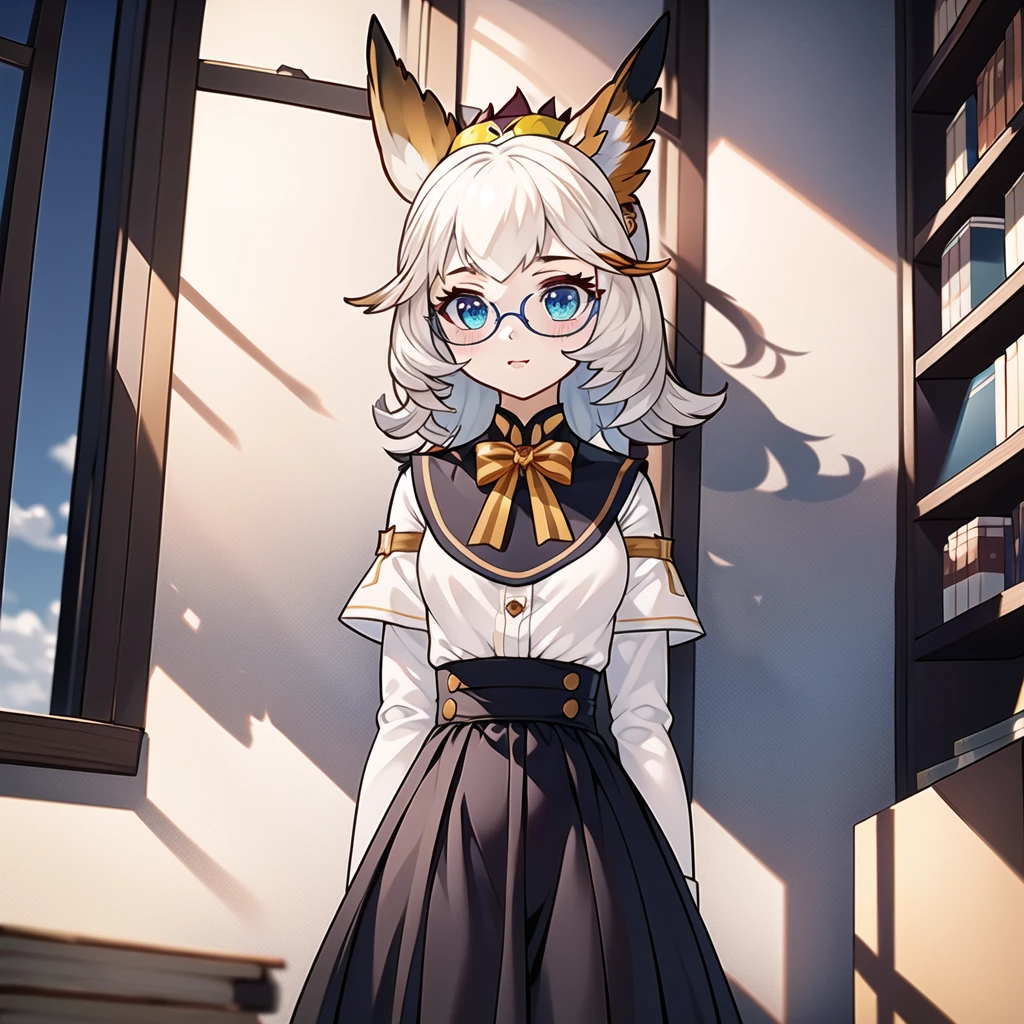 (((masterpiece))),(extremely detailed 8k wallpaper),(((best quality))),<lora:Better light:0.5>,(volume light:0.8),shadow,(best illustration),<lora:kalliope:0.8>,solo,(1girl:1.6),(upper_body:1.7),blue eyes,white hair,round eyewear,long hair,bangs,animal on head,(owl:1.1),(blush:1.1),standing,holding_quill,quill,medium breasts,long sleeves,[[:â,:0.4]::0.95],bowtie,white shirt,black skirt,high-waist skirt,(kneehighs:0.8),(black footwear:0.8),
(library:1.2),(window:1.1) and (day:1.4) and cloudy sky,cityscape,dynamic_angle,