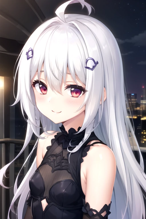 ((masterpiece)),(best quality),official art,extremely detailed CG,unity 8k wallpaper,ultra detailed,beautiful detailed eyes,extremely detailed face,outdoors,1girl,solo,upper body,(portrait:1.5),looking at viewer,facing viewer,smile,(petite:1.3),Yoru,ahoge,very long hair,white hair,hair intakes,hair ornament,hair between eyes,sidelocks,bangs,red eyes,bare shoulders,sleeveless dress,black dress,elbow gloves,black gloves,small breasts,black footwear,<lora:Yoru(hsr):0.7>,