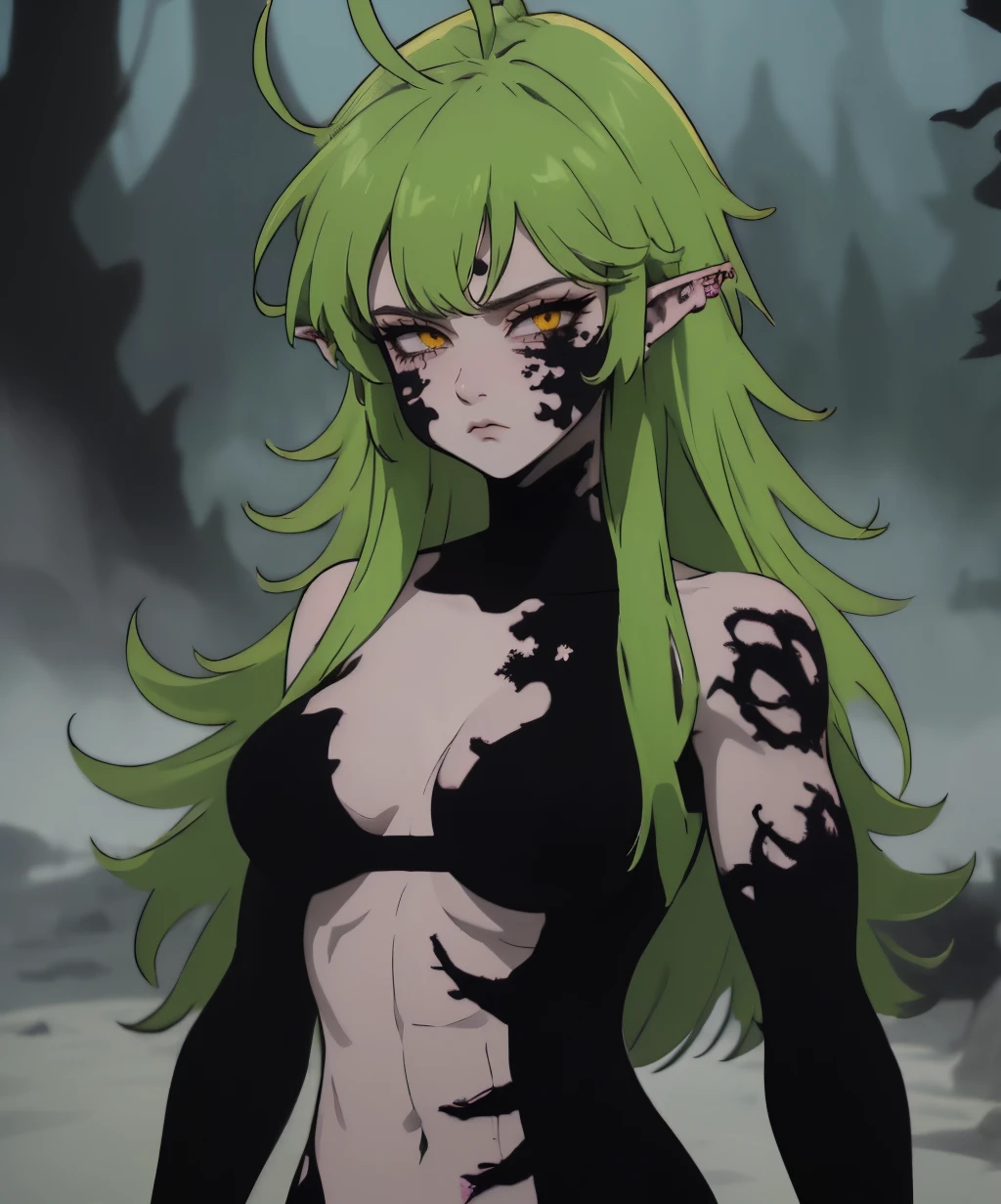 (ultra-detailed),(masterpiece),(best quality),(tattoo,facial mark,aura,glowing,bodypaint,smoke,dark aura:1.3),1girl,gavial,expressionless,looking at viewer,large breasts,long hair,yellow eyes,green hair,pointy ears,navel,nude,censored,armor,convenient censoring,upper body,claws,<lora:mark_nanatsu-08:1>,<lora:Gavial:1>,