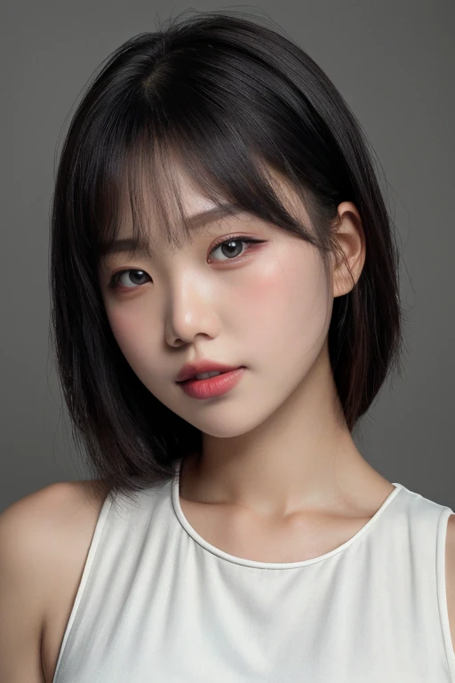 masterpiece, best quality, ultra-detailed, ultra high res, (photorealistic:1.4), raw photo, (realistic:0.2), 8k HDR, realistic lighting, 1girl, solo, looking at viewer, asymmetrical hair, (detailed oily skin), (detailed face), (simple gray background :1.1), (upper body:1.2), simple dress, sleeveless,