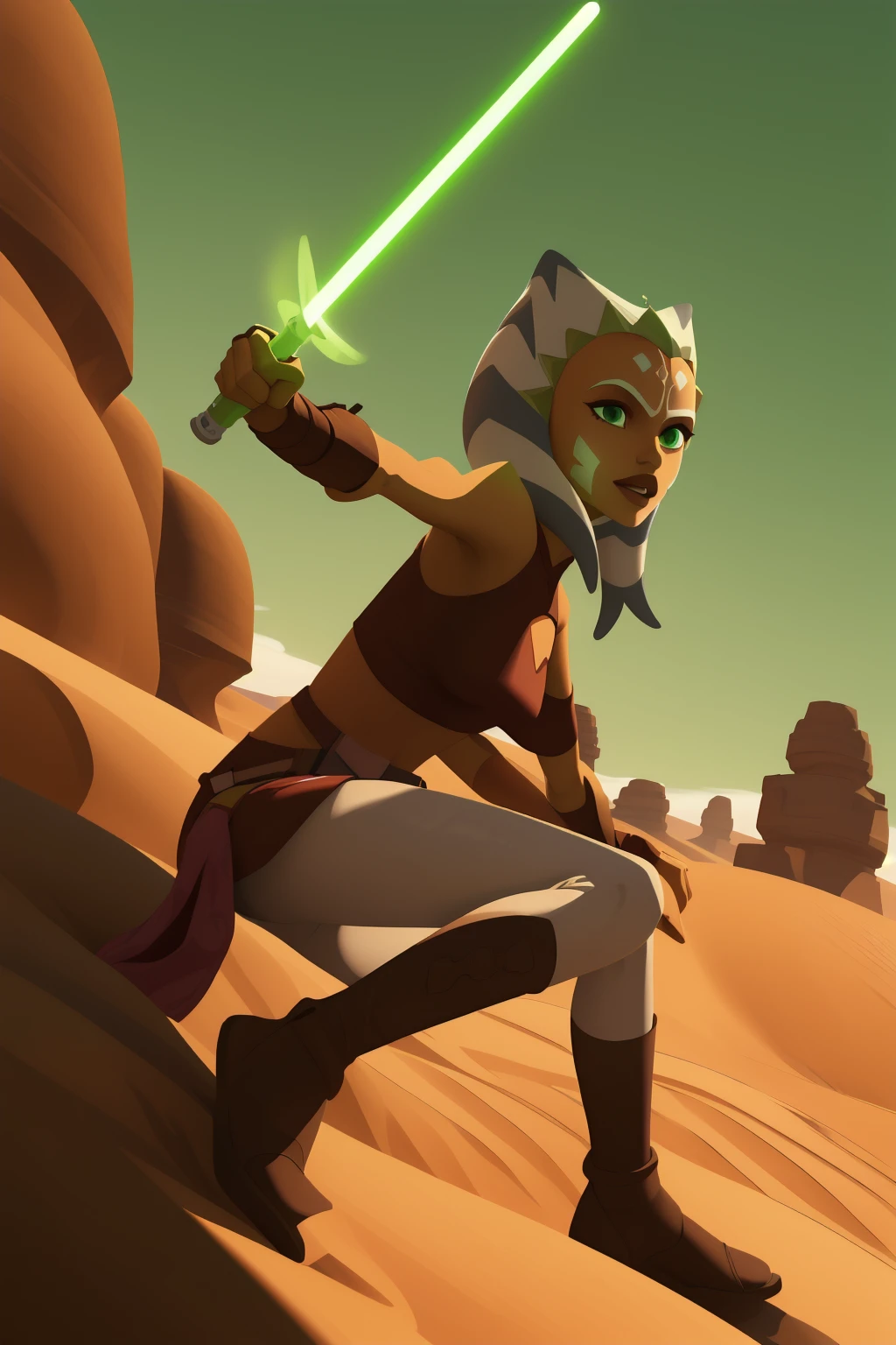 (masterpiece), (best quality), ahsoka tano, teen, (late padawan clothes), green lightsaber, in air, desert