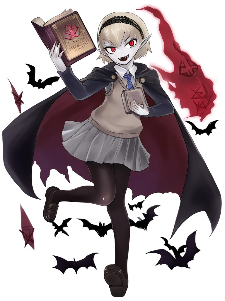 <lora:UN-DO_MGQP-PonyXL-1024px:1>
score_5_up, score_7_up,
1girl, pantyhose, red eyes, skirt, blonde hair, book, pointy ears, cape, necktie, vampire, hairband, school uniform, bat, white background, shoes, black legwear, simple background, smile, solo, fang, open mouth, fangs, holding book, short hair, pleated skirt, full body, loafers, holding, shirt, looking at viewer, blue neckwear, sweater vest, long sleeves, hexagram, pale skin, black hairband, vest, grey skirt