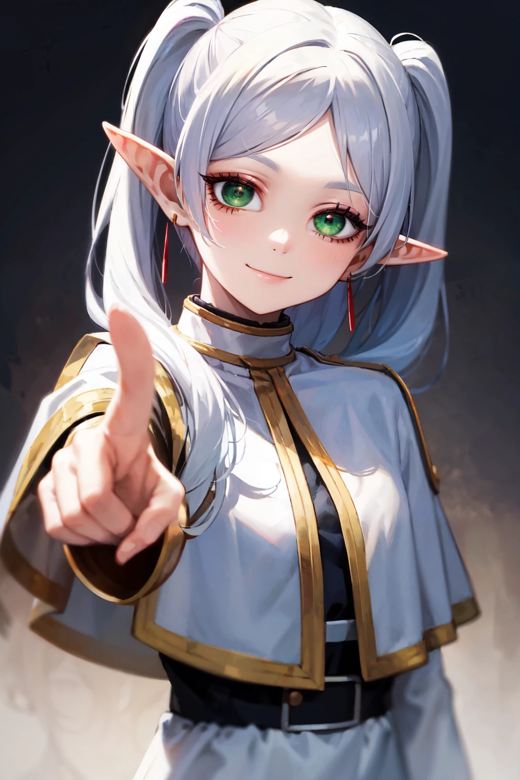 <lora:Foreshortening:1>, foreshortening, (masterpiece), best quality, high resolution, highly detailed, pointing, pointing at viewer, aafrie, long hair, white hair, twintails, pointy ears, earrings, green eyes, thick eyebrows, white capelet, striped shirt, long sleeves, head tilt, <lora:frieren_v1:0.7>, upper body, smile,