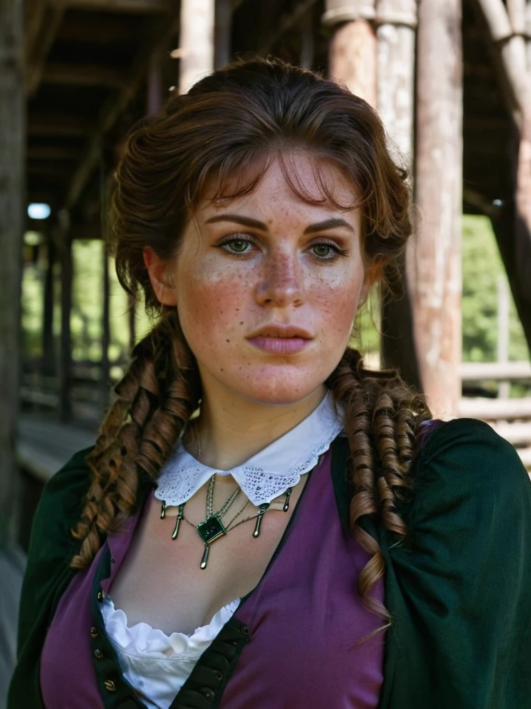 <lora:SDXL_MaryBeth:1.2>, MaryBeth, freckles, with brown hair tucked secured with a decorated hair-clip with curled hair-pieces pulled over both shoulders, wearing a purple blouse with a white collar worn with a dark green shawl, and black boots, <lora:skin_4:0.3>, <lora:SDXL_DetailedEyes_V3:1>, <lora:Perfect Hands:0.7>, <lora:add-detail-xl:1>, <lora:SDXL_more_details:1>, <lora:SDXL_extremely_detailed:1> ,
 bad, puzzled, medium shot, (masterpiece, high resolution, Technicolor filmstill:1.3), the most hauntingly resplendent woman, (piercing gaze:1.2), (dark allure:1.1), on stomach in a discouraging wooden bridge at morning, casting eerie shadows, (intense expression:1.1), (whispers of the night:1.2), reaching out like skeletal fingers, (disturbing atmosphere:1.2), (intimidating presence:1.1), shot on a 35mm Arriflex camera with an Angenieux 25-250mm f/3.2 lens, adding a cinematic quality to the haunting scene, a captivating blend of beauty and darkness in a Technicolor filmstill that evokes an ethereal sense of otherworldly enchantment, perfect eyes