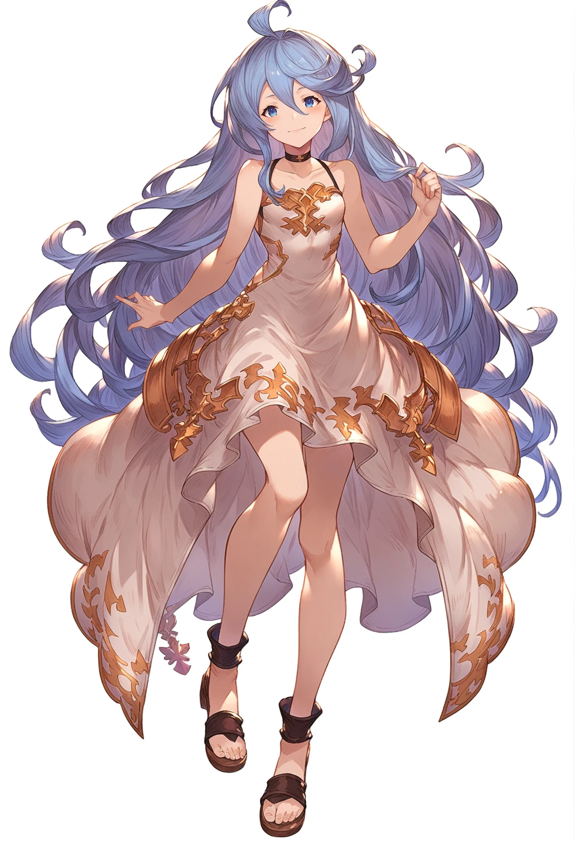 score_9, score_8_up, score_7_up, score_6_up, masterpeice, BREAK
source anime, granblue_fantasy_style_xl, granblue, 1girl, lyria (granblue fantasy), solo, long hair, dress, blue eyes, light blue hair, full body, very long hair, smile, ahoge, white dress, short dress, choker, looking at viewer, sandals, bare shoulders
<lora:granblue_fantasy_style_pony:1>
