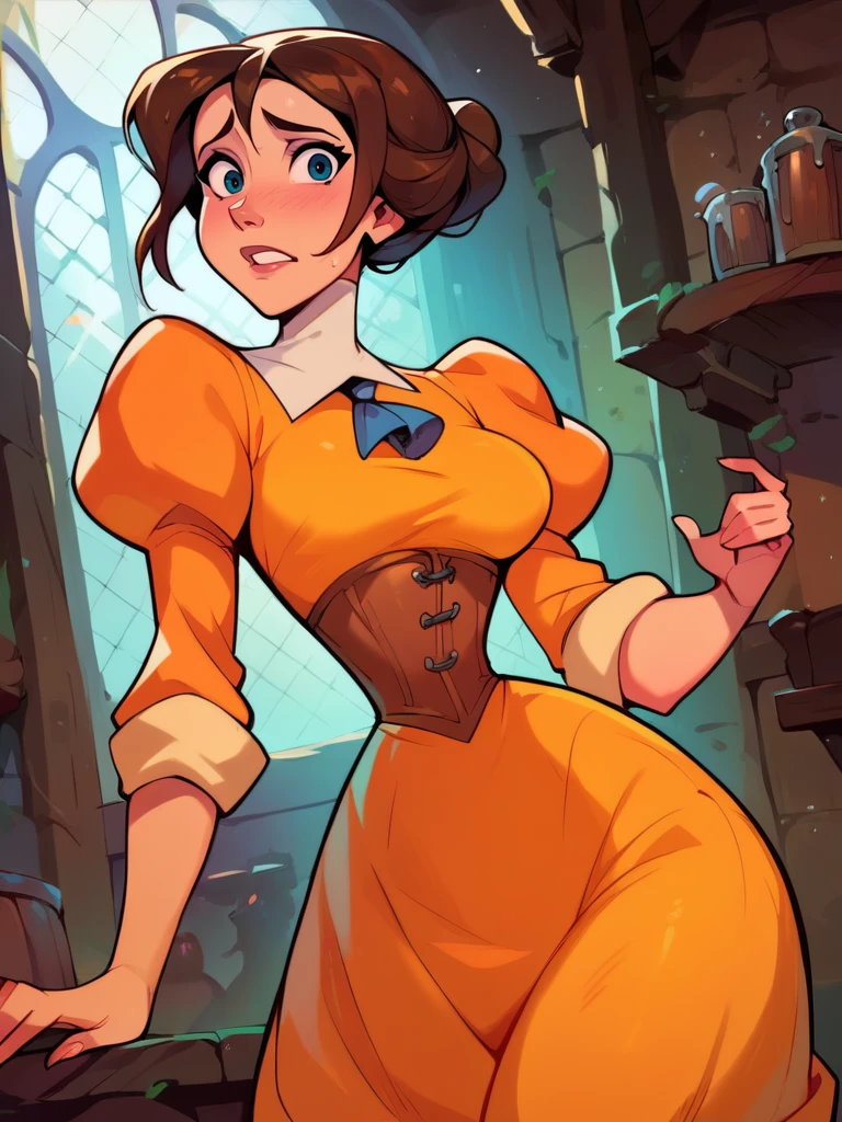 score_9, score_8_up, score_7_up, score_6_up, cute girl in a tavern, puffy sleeves, yellow dress, corset, curvy, medium breasts, narrow waist, wide hips, thick thighs, looking at viewer, dynamic angle, cowboy shot, cartoon, dynamic pose, from side, nervous, 
 <lora:JanePorterXLP_Character:1>JanePorterXLP