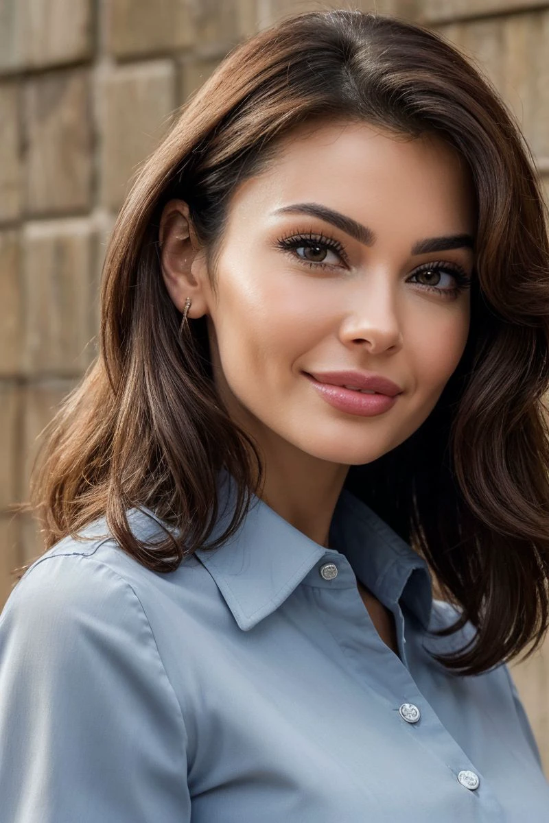 closeup headshot of S367_AlenaKhovrina,an attractive woman,in front of a (border-wall:1.1),wearing a (shirt:1.1),(smiling),(4k, RAW photo, best quality, 35mm, depth of field, ultra high res:1.1),(intricate, photorealistic, cinematic-shot, masterpiece, ultra-detailed:1.1),