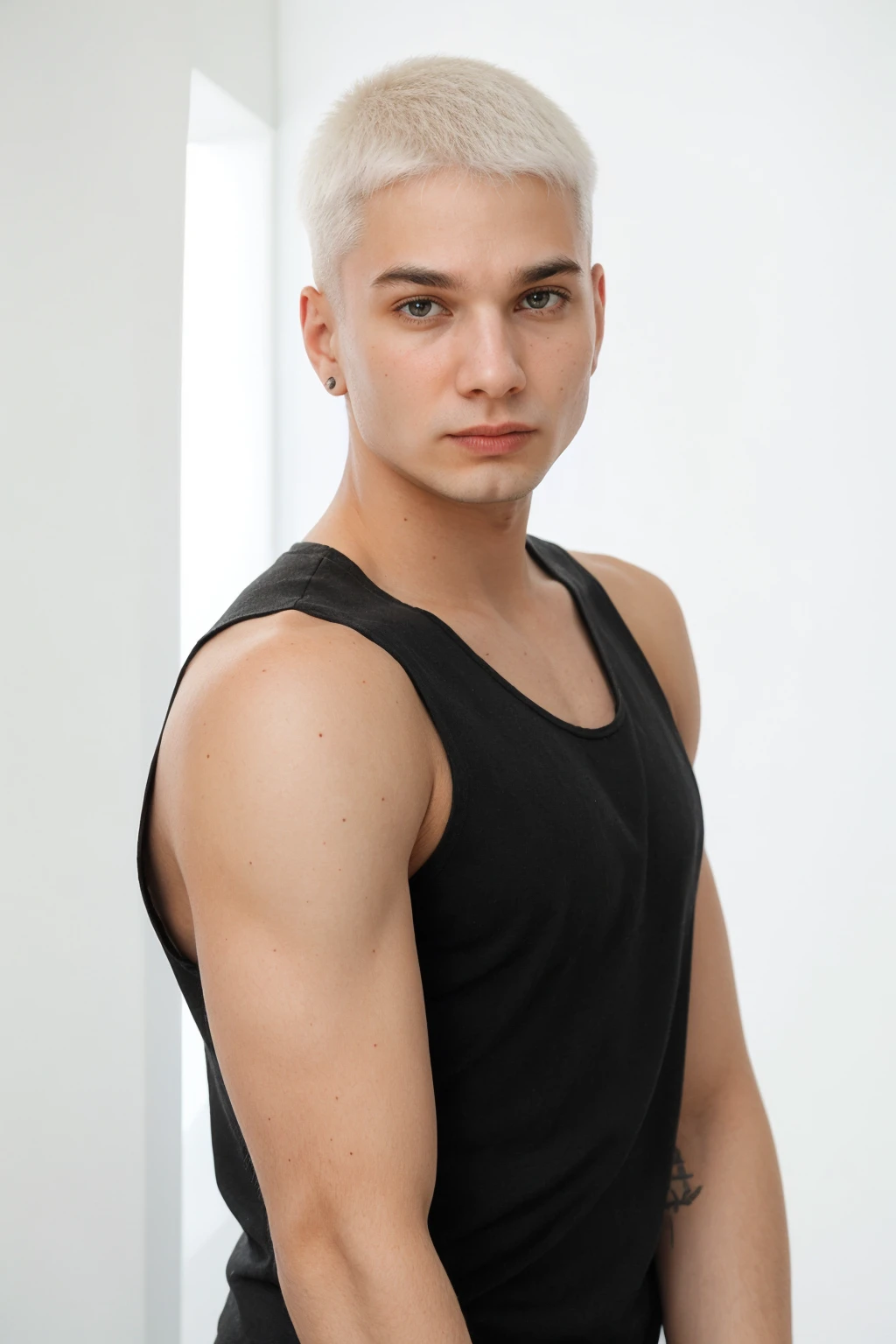 headshot photo olafperson <lora:olaf_epoch_4:0.8>, wearing black tanktop, white background