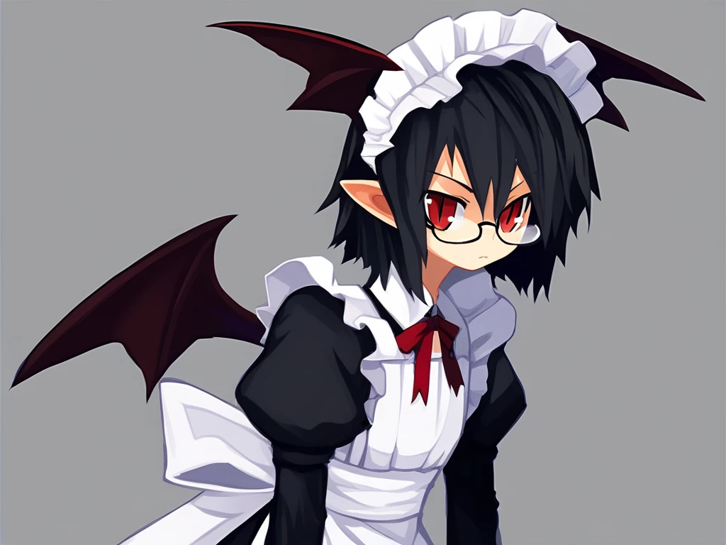 <lora:Disgaea-PonyXL-1024-v2:0.8>
score_5_up, score_6_up,
1girl, solo, wearing (maid uniform, maid headdress, glasses), head wings, bat wings, pointy ears, long black hair, red eyes