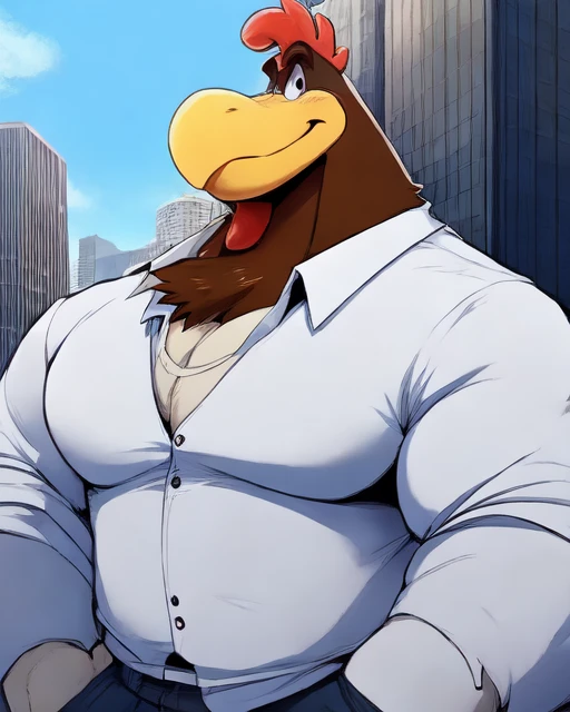 <lora:foghornleghorn:1> foghornleghorn, solo, white body, brown head, male, clothed, shirt and jeans
half-length portrait, city background, detailed anime