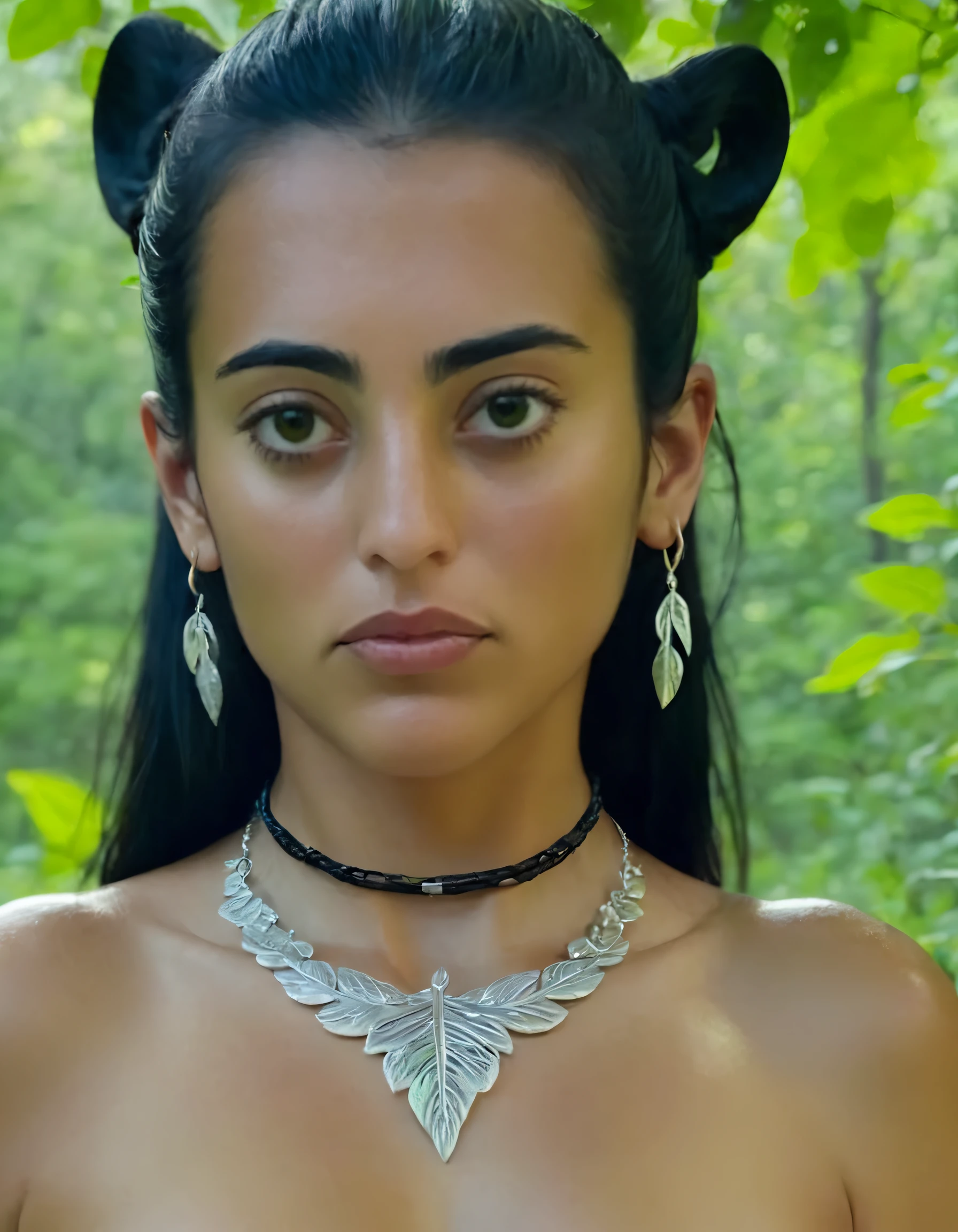 Capturing Katherinne Rodriguez, the beautiful woman with cascading black hair and stunning jewelry adorning her neck and ears, in an outdoor location while she gazes enchantingly into the camera as leaves rustle gently around her, showcasing a moment of tranquility amidst nature's splendor. <lora:ktnnlu18e96390d17t40a:1>