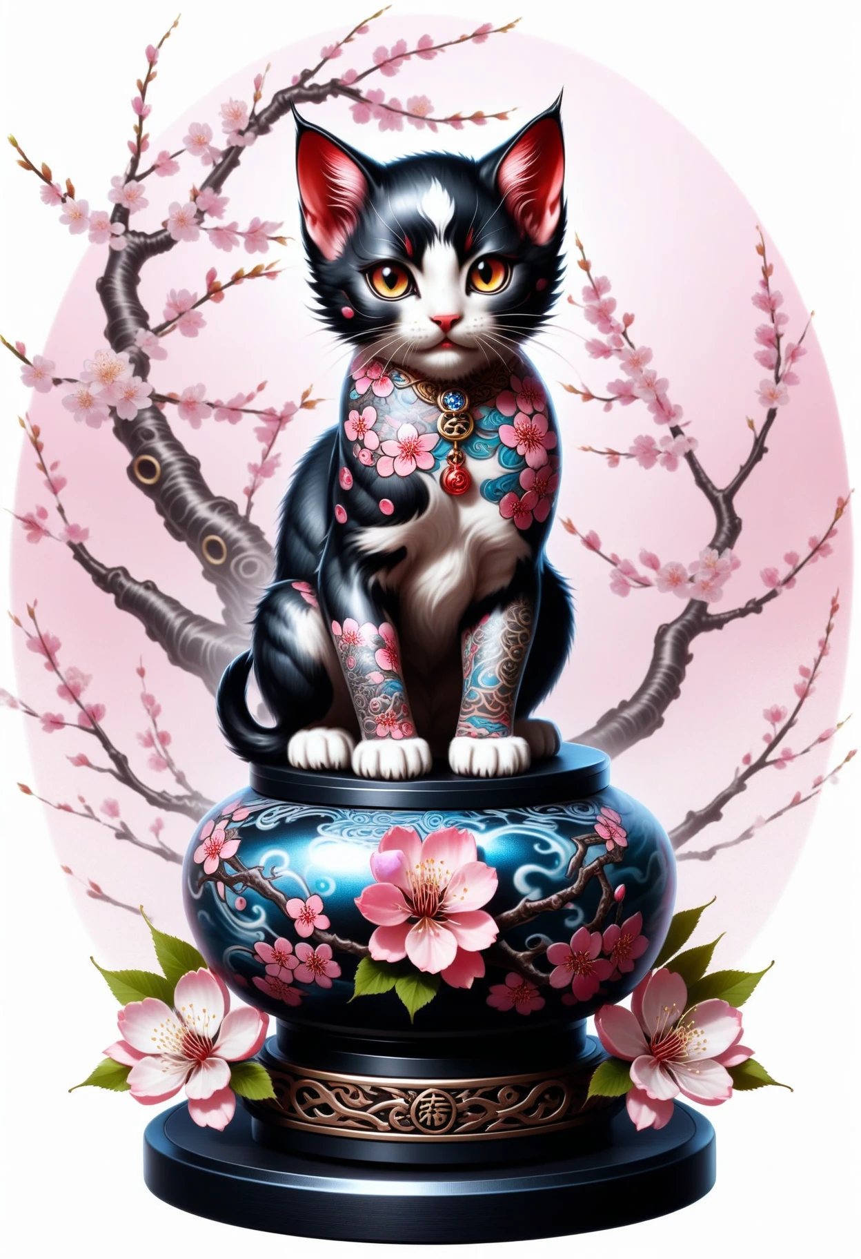 masterpiece, best quality, <lora:EPIrezumiWorldSDXL_epoch_5:1.0> ,EPIrezumiWorld, cherry blossoms, tattoo, irezumi,summoned magical kitten on a pedastal