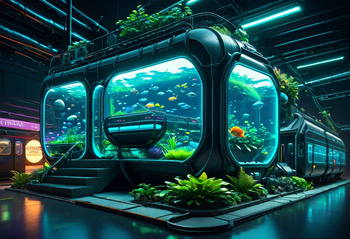 neon isometric, background, bubble, animal, globe, aquarium, cable, still life, train, bicycle cityscape, stairs, reflective floor, cyberpunk, dystopian city, plant, extremely detailed, masterpiece, official art, best quality, octane render, absurdres, side lighting, neon lighting, isometric view, diorama, cinematic lighting, cinematic angle