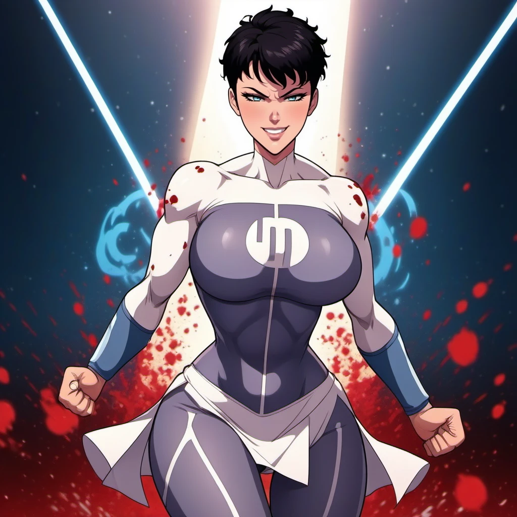 anime artwork a (((full body))) muscular woman smiling, short dark hair, huge breast, hourglass figures,wears a futuristic white and lightblue bodysuit, white miniskirt, fighting poses, blood, bloodsplashes, space background<lora:Anissa1024:0.8> . anime style, key visual, vibrant, studio anime, highly detailed