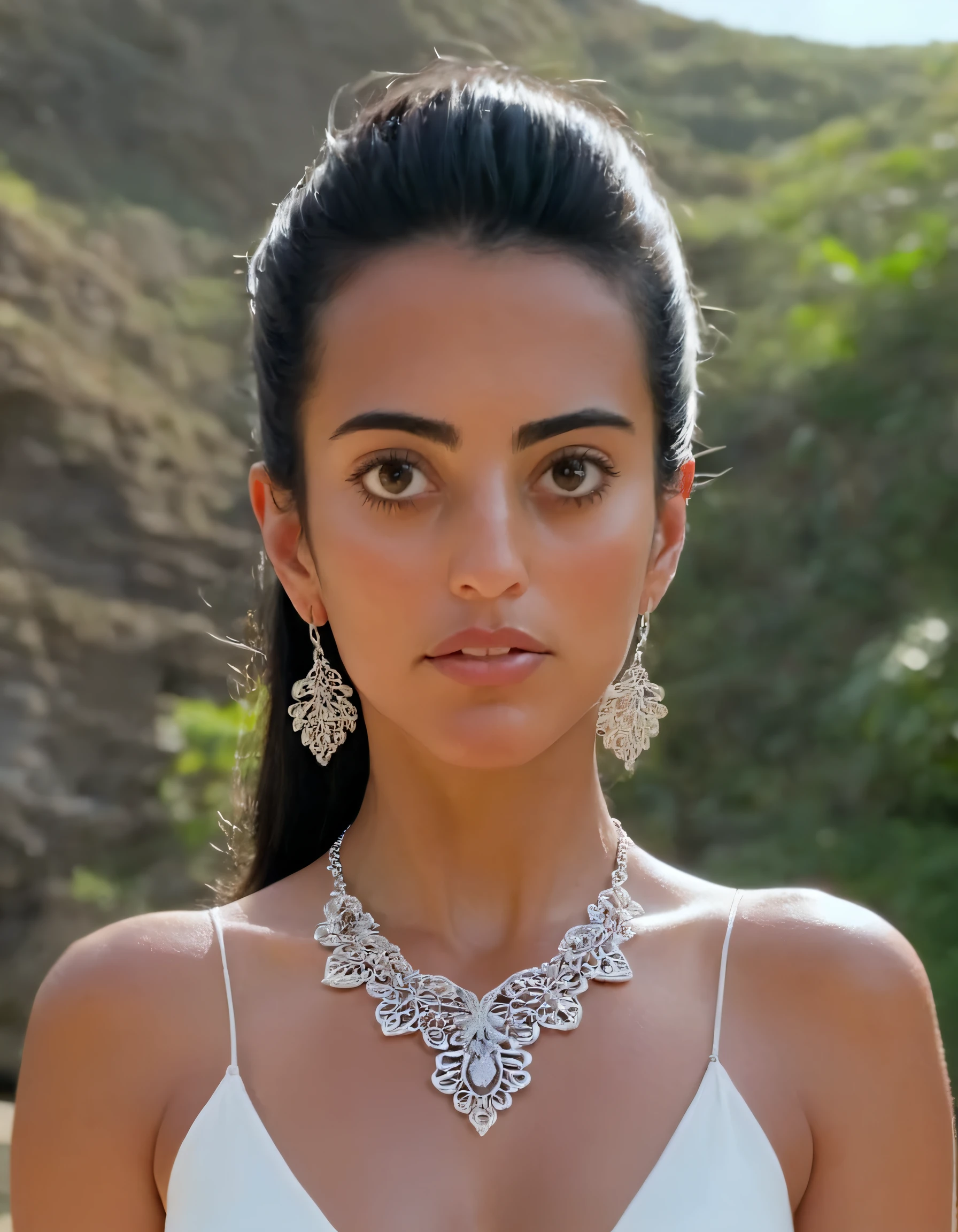 Captured in the stunning outdoor setting, Katherinne Rodriguez exuded elegance and confidence with her black locks cascading down her shoulders; the woman's eyes locked with that of a viewer while her graceful hands held an intricately designed necklace paired with dazzling earrings, all captured as she proudly stood in this remarkable location, leaving a lasting impression in everyone's mind. <lora:ktnnlu18e96390d17t40a:1>