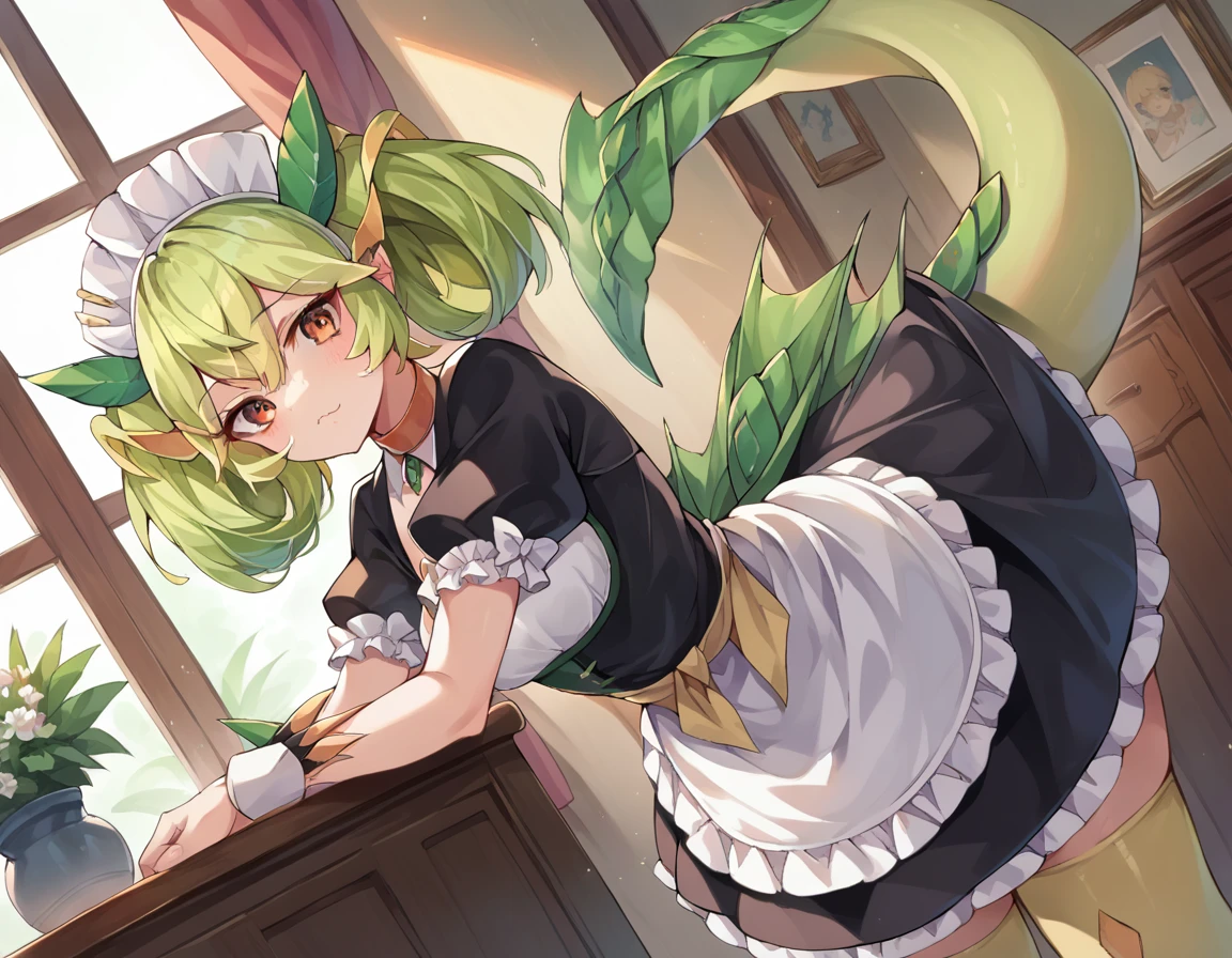 score_9, score_8_up, score_7_up, source_anime,
parlordragonmaid, <lora:parlor-dragonmaid-ponyxl-lora-nochekaiser:1>,
parlor dragonmaid, dragon girl, green hair, brown eyes, dragon tail,
clothing cutout, dress, frilled dress, frills, maid, tail,
indoors, bent over,
looking at viewer, cowboy shot, dutch angle,