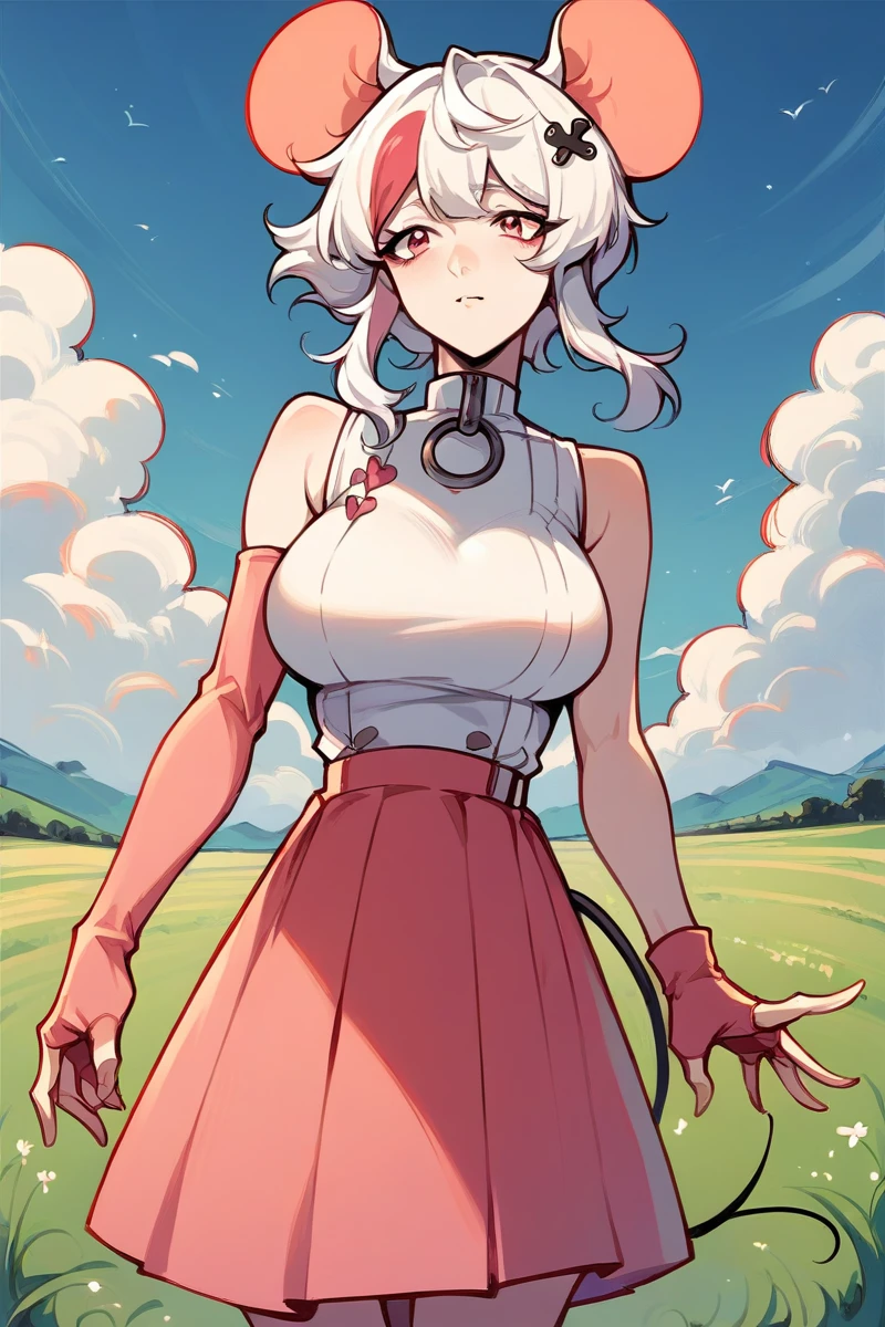 (1 girl, solo, <lora:mouseyXL:0.8>, mouse ears, hair ornament, detached sleeves, white hair, one fingerless pink glove on left hand, one detached pink sleeve on right hand, pink skirt, mouse tail, adult, mature female, large breasts), field, (masterpiece, source anime, score_9, score_8_up, score_7_up, score_6_up, score_5_up, (2.5d):1.3),<lora:add_detail:2>, <lora:Smooth Anime 2 Style SDXL_LoRA_Pony Diffusion V6 XL:0.3>