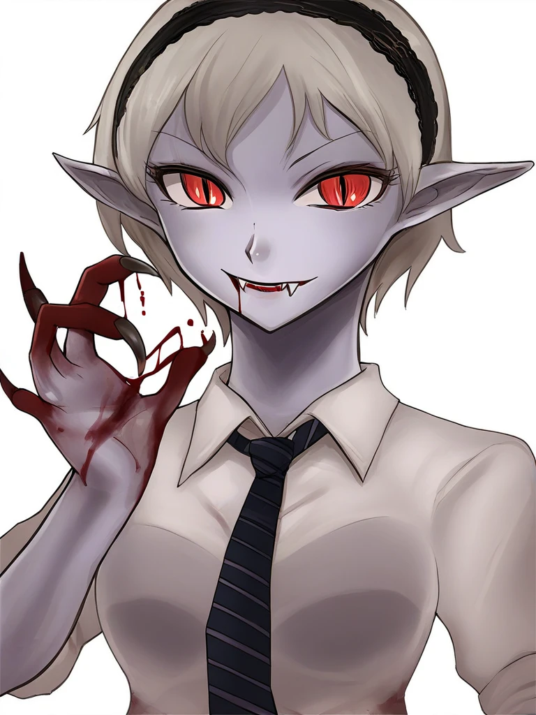 <lora:UN-DO_MGQP-PonyXL-1024px:1>
score_5_up, score_7_up,
1girl, solo, blood, pointy ears, red eyes, necktie, fang, vampire, hairband, blood on hands, white hair, shirt, smile, white background, simple background, slit pupils, see-through, short hair, blonde hair, looking at viewer, colored skin, upper body, fangs, white shirt, black hairband, breasts, claws