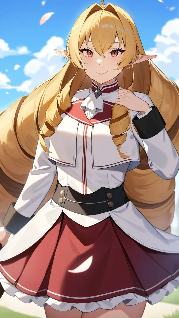 <lora:Mushoku_Tensei XL2:1>,1girl, solo, outdoors, cowboy shot, holding, looking at viewer, falling petals, hand up, smile, closed mouth, hair between eyes, elinalise dragonroad, hair intakes, red skirt, white jacket, cropped jacket, frilled skirt, white shirt, school uniform, pleated skirt, long sleeves, high quality, cloud, day, blue sky, ascot, flower, masterpiece,best quality,very aesthetic,absurdres