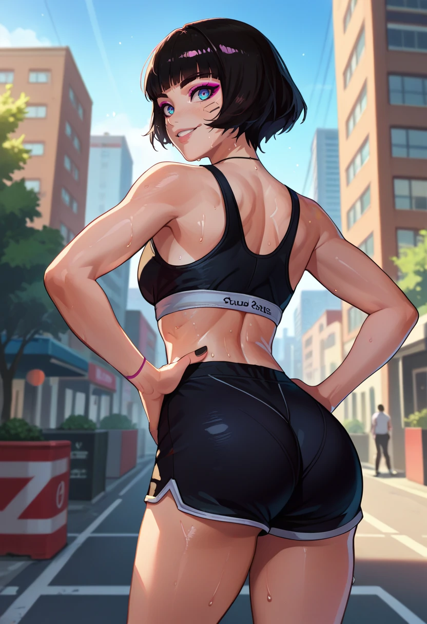 score_9, score_8_up, score_7_up, source_anime, from behind, solo, 1girl, sasha yakovlev, makeup, sweat, smile, looking back, hands on own hips, bob cut, black sports bra, black shorts, ass, outdoors, city street <lora:cpedgerunners_sasha_ponyXL:1>