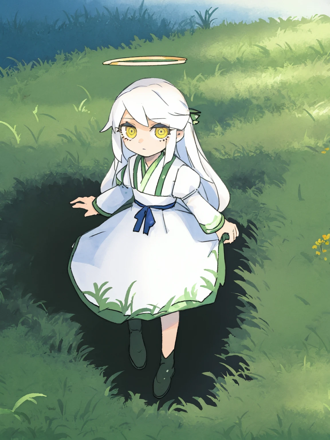 best quality,alter,1girl, angel, angel wings, blue eyes, dress, expressionless, fish, grass, halo, long hair, looking at viewer, painting \(medium\), solo, surreal, tall grass, traditional media, water, watercolor \(medium\), white dress, white hair, wings, <lora:lvzi-000006:1>