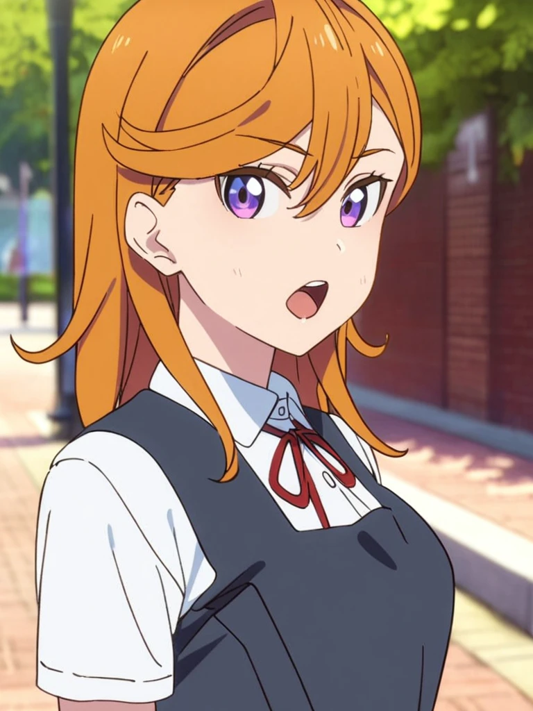 masterpiece, best quality, very aesthetic, absurdres, medium shot, upper body,
<lora:kanon-sdxl-000048:0.9>,
shibuyakanon, orange hair, medium hair, medium breasts,
school uniform, pinafore dress, red ribbon, open mouth, looking at viewer