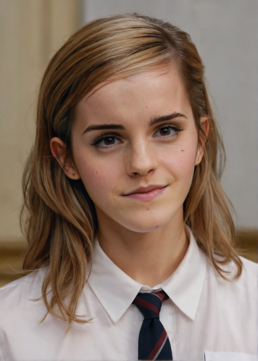 a beautiful picture of emma_watson, detailed skin texture,masterpiece, photorealistic, woman, 4k, light, RAW color photo,(fully in frame:1.1), (goosebumps:0.5),aus, detailed face,subtle smile,wearing a school uniform,  <lora:emma_watson:1>