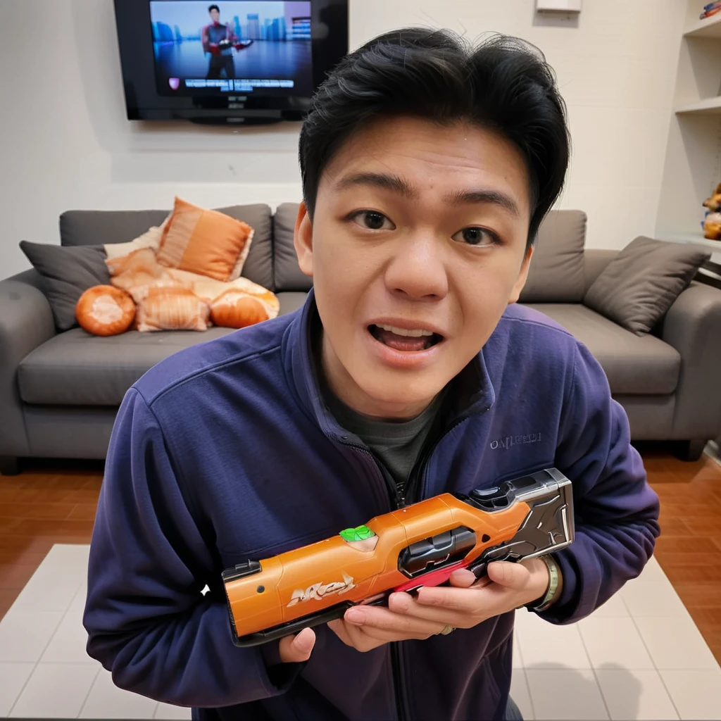 Asian man,Create a realistic image of a man holding a lifelike toy gun, speaking directly to the camera. The setting is indoors, with a focused, engaging expression on his face, highlighting the details of the toy gun. The background should be simple, putting emphasis on the man and his dialogue with the audience, <lora:magicbuy:0.9> ,<lora:Tokusatsu_weapon:0.85>