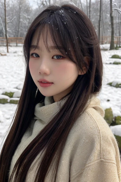 masterpiece, best quality, ultra-detailed, ultra high res, (photorealistic:1.4), raw photo, (realistic:0.2), 8k HDR, realistic lighting, 1girl, solo, asymmetrical long hair, (detailed oily skin), (detailed face), (winter background :1.1), (upper body:1.2), jacket, thick brown scarf,