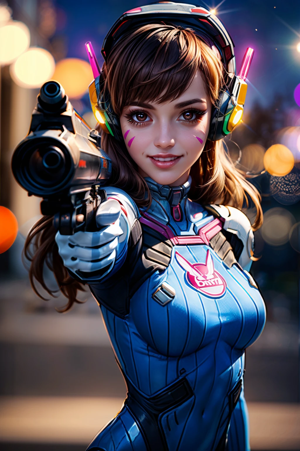 (ultra realistic,32k, masterpiece:1.2),(high detailed skin:1.1),( high quality:1.1),  <lora:Foreshortening:1>, foreshortening,   aiming, aiming at viewer, aiming gun, upper body, smile,   aahana, long hair, brown hair, headphones, whisker markings, shoulder pads, blue bodysuit, ribbed bodysuit, animal print, clothes writing, long sleeves, white gloves, <lora:d.va_v1:0.6>,    blooming stars, luminescent otherworldly fragrance, bokeh. (looking at viewer),  <lora:add_detail:0.92>, (glowwave:1.1),