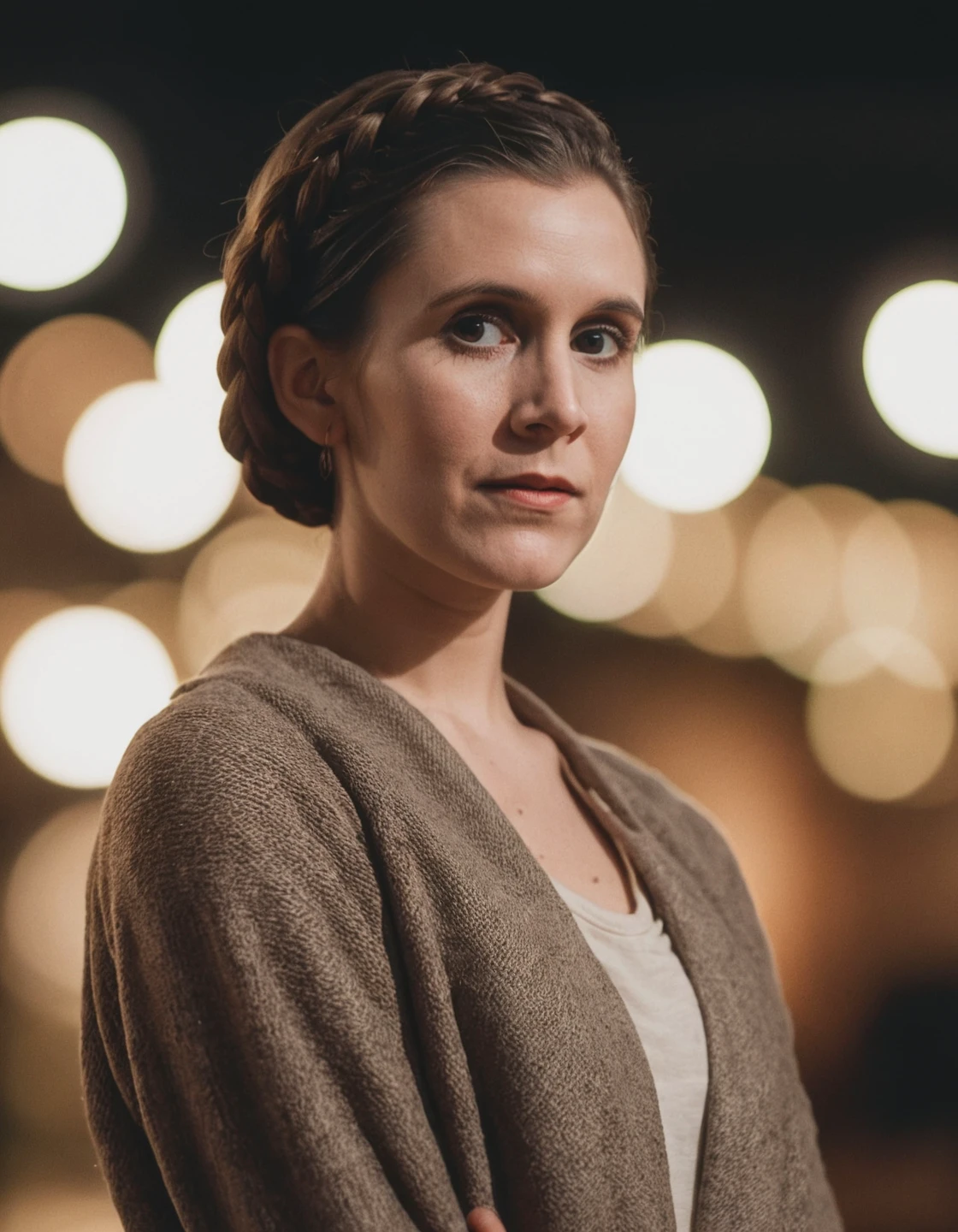 high resolution photo of le_ia with braided short bun full body shot,the scene has a dramatic look,volumetric lighting and bokeh,the background is super detailed,the shot is cinematic