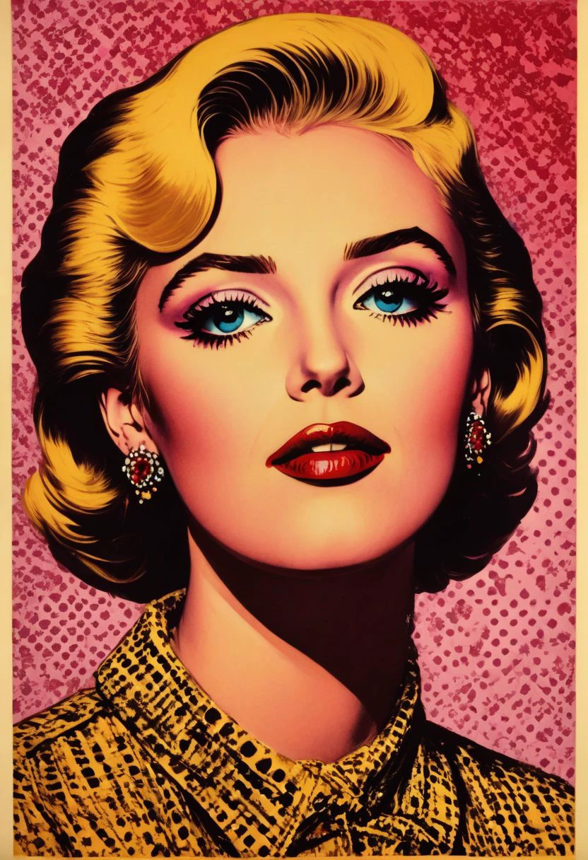 prtxztl, 1girl, solo, jewelry, blue eyes, earrings, blonde hair, lipstick, makeup, short hair, looking at viewer , screen printing, halftone printing, contemporary art, modern art, graphic art, commercial art, bold colors, bold lines, comic book style, comic art, advertising art, kitsch, retro style, vibrant colors, flat color, newsprint texture, illustration, art by Andy Warhol and Roy Lichtenstein, retro art style, ligne claire, pop art, vintage advertising poster