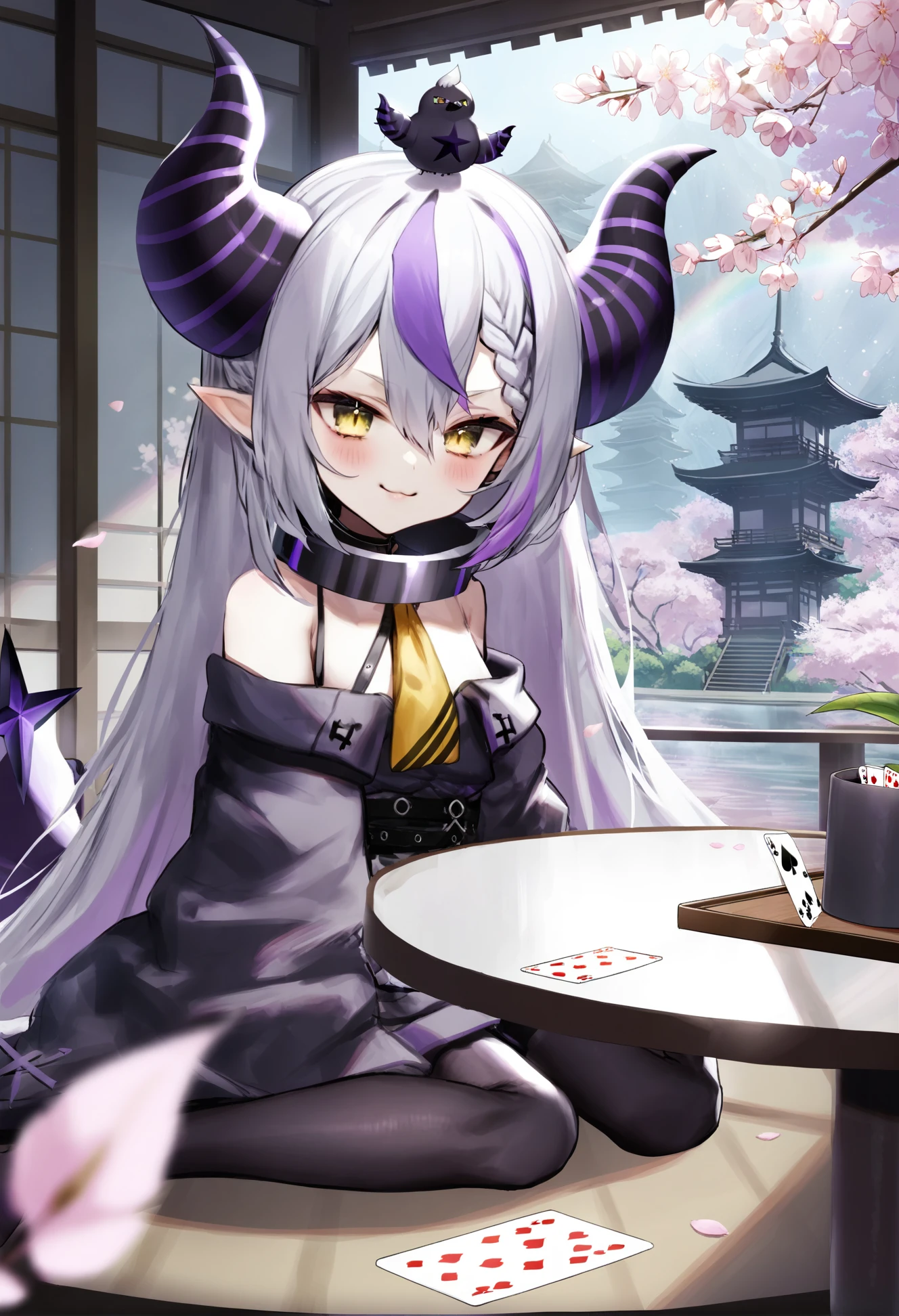 masterpiece, best quality, <lora:sd_xl_dpo_lora_v1-128dim:1>, 1girl, card, sleeves past fingers, sleeves past wrists, solo, la+ darknesss, horns, virtual youtuber, playing card, bird on head, multicolored hair, animal on head, long hair, on head, long sleeves, purple hair, looking at viewer, streaked hair, demon horns, yellow eyes, indoors, grey hair, striped horns, bangs , blush, pointy ears, hair between eyes, sitting, bird, very long hair, :3 , wariza, braid, table, metal collar, smile, closed mouth, collar, dress, black dress, yellow ascot, tail, plant, single leg pantyhose, diamond \(shape\), ascot ,scenery, kimono, japanese clothes, architecture, tree, cherry blossoms, east asian architecture, rainbow, solo, outdoors, sky, reflection, water, sitting, night, petals, solo, japanese clothes, kimono, bare shoulders, off shoulder, hime cut ,<lora:rsefXLlokr4f-000143:1>