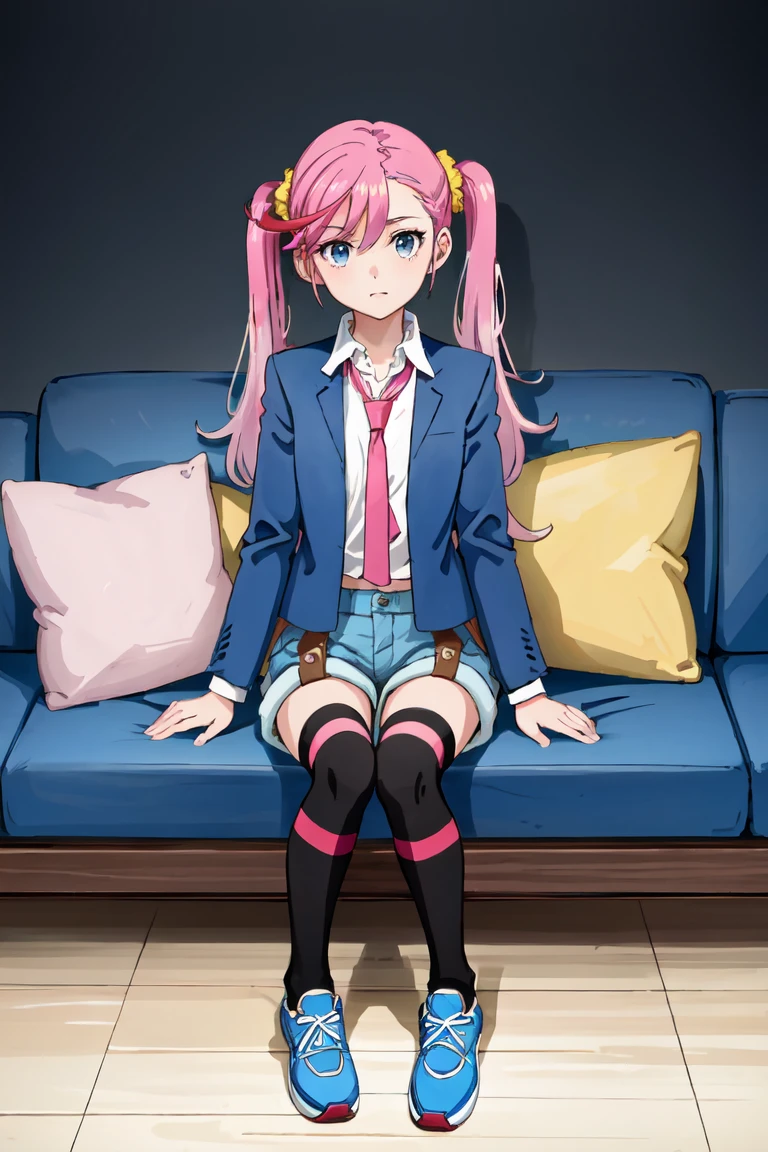EriKaran, 1girl, solo, yellow scrunchie, bangs, blue jacket, open jacket, white shirt, purple necktie, blue shorts, thighhighs, blue sneakers, standing, sitting, couch facing viewer <lora:EriKaran1:0.75>