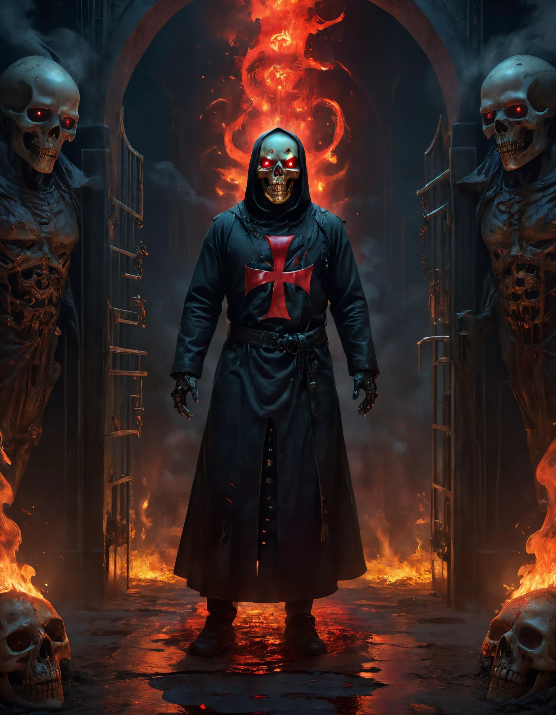 a painting by [Alejandro Burdisio:Ryohei Hase:0.4], an entity wearing black t3mpl4rtunic with a bloody red cross, horror theme, (epoxy_skull face), red eyes, standing in front of gates of hell, fire, EdobHorrorLandscape, gothic, dark an mysterious, epic composition, illumination, stunning environment, dim lighting, UHD, <lora:templarclothesxl:0.8>, <lora:epoxy_skull:0.5>, <lora:EdobHorrorLandscape_XL_v1.0:0.6>, <lora:SDXLFaeTastic2400:0.6>