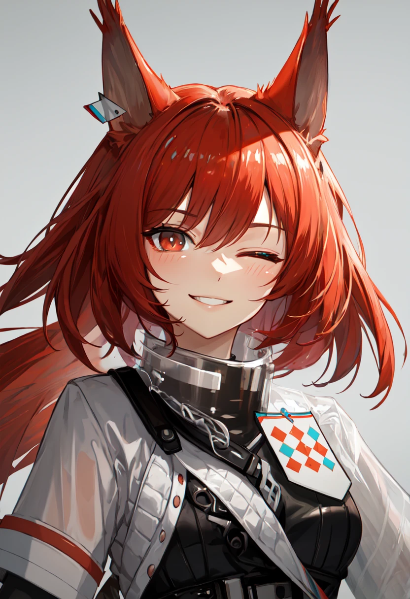 best quality, masterpiece, highres, solo, (flametail_arknights:1.10), smile, happy, one eye closed, portrait, looking at viewer, 30 <lora:flametail_arknights:0.80>