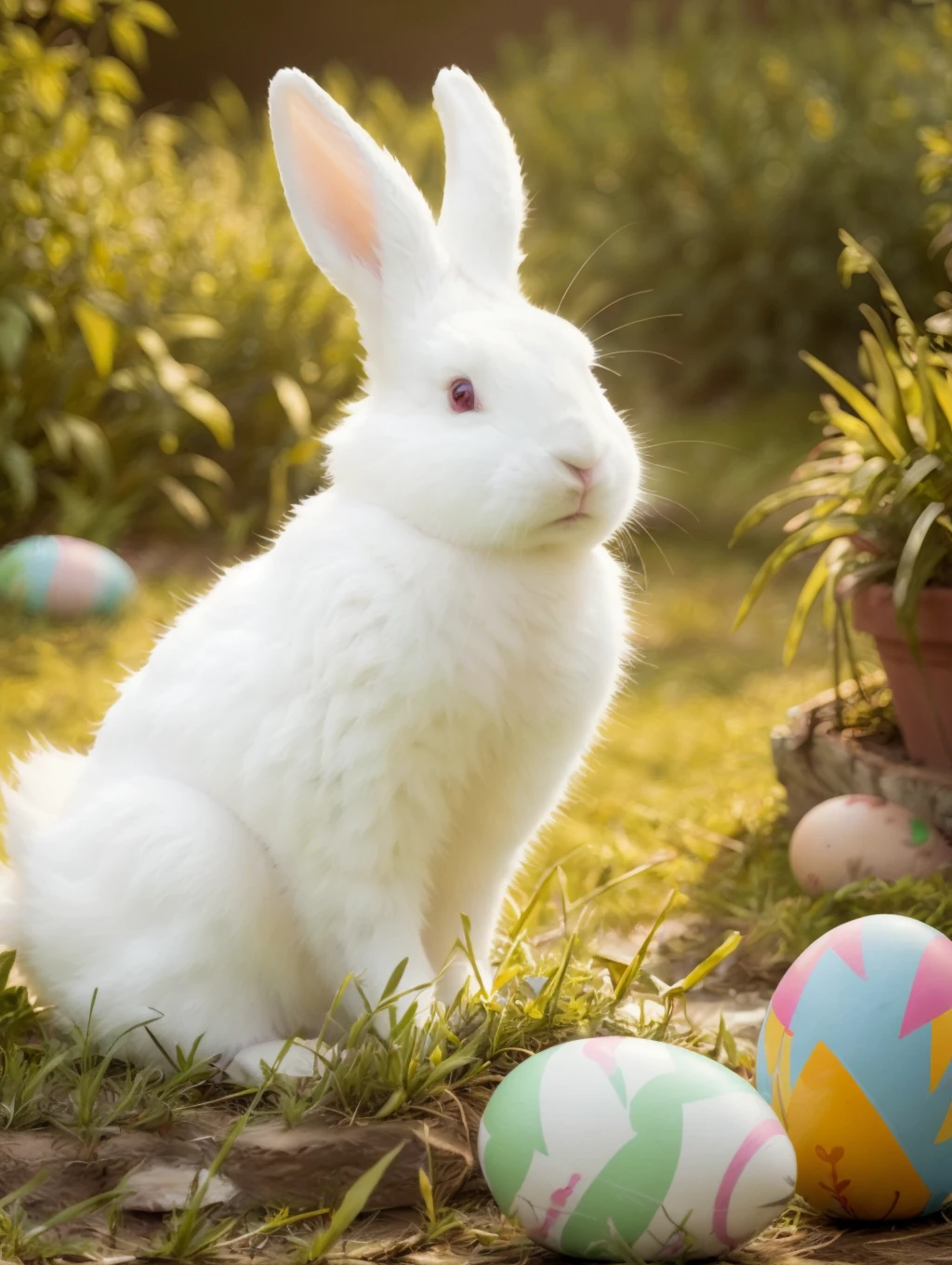 masterpiece, best quality, real, white rabbit, white fur, (big raised ears:1.2), red eyes, sitting in grass, painted easter eggs, 8K, HDR, ultra detailed, <lora:Bunnies:1>