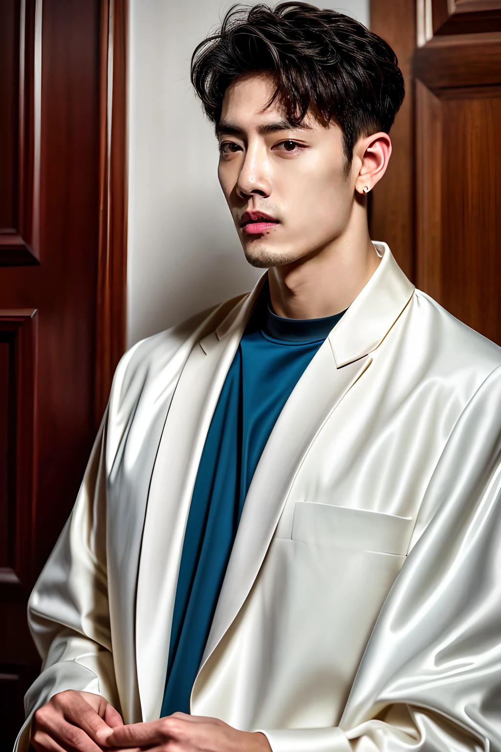 <lora:xiaozhan_mj7_2_r:0.6>xiaozhan,masterpiece,highres,ultra detailed,best quality, ,photorealistic,raw photo, artstation,short hair, handsome, <lora:epi_noiseoffset2 (1):0.8> <lora:more_details (1):0.8> Imagine a versatile wardrobe for a world-traveling nomad, merging diverse cultural elements
