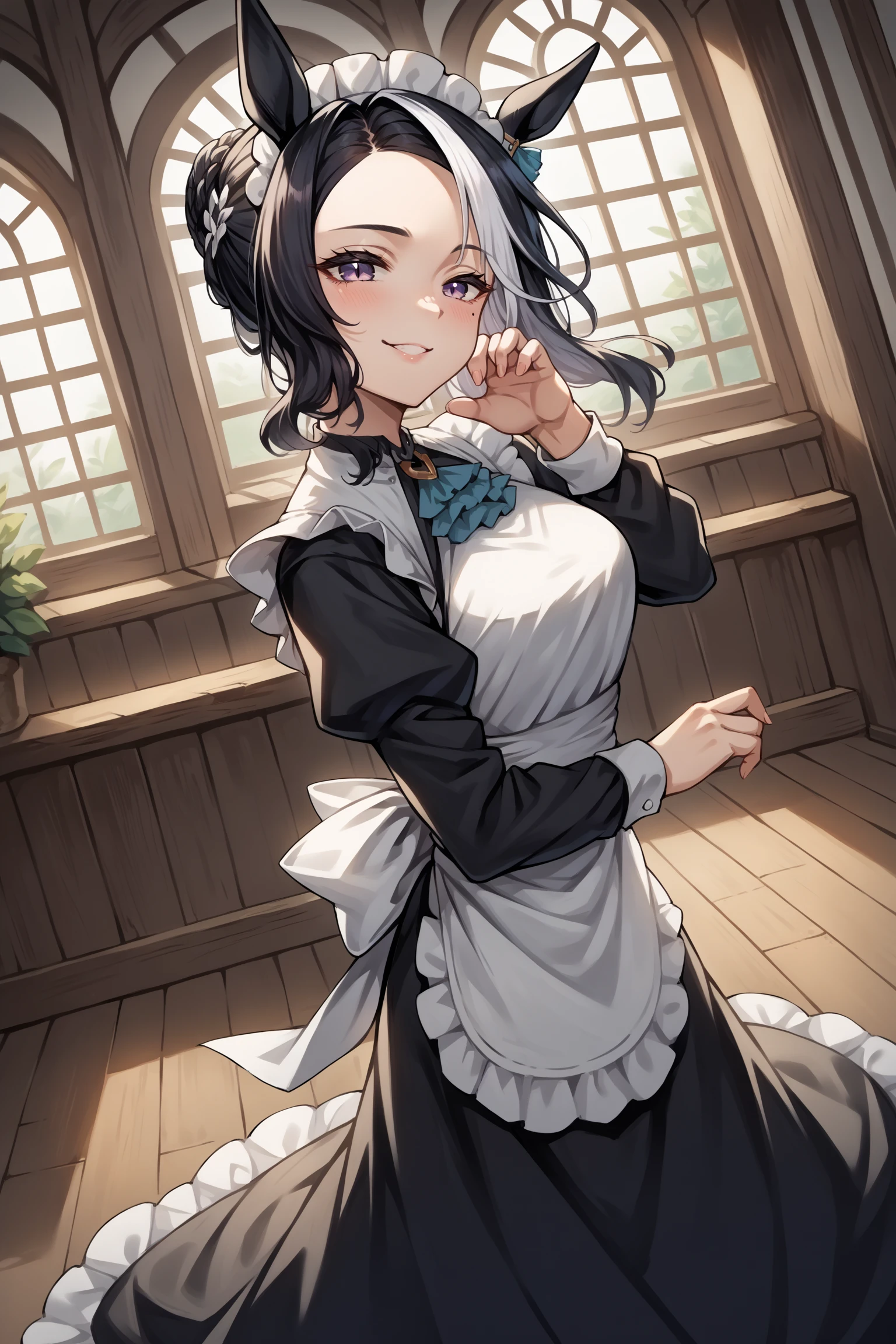 score_9, score_8_up, score_7_up, , rating_general,1girl , rmnsd, horse girl, multicolored hair, streaked hair, ear ornament, mole under eye, maid headdress, maid, long long hair, dynamic angle , source_anime, cowboy shot, indoors, naughty face, smile, <lora:MejiroRamonuPDCAMEv3 UMA:1>, full body, from side,