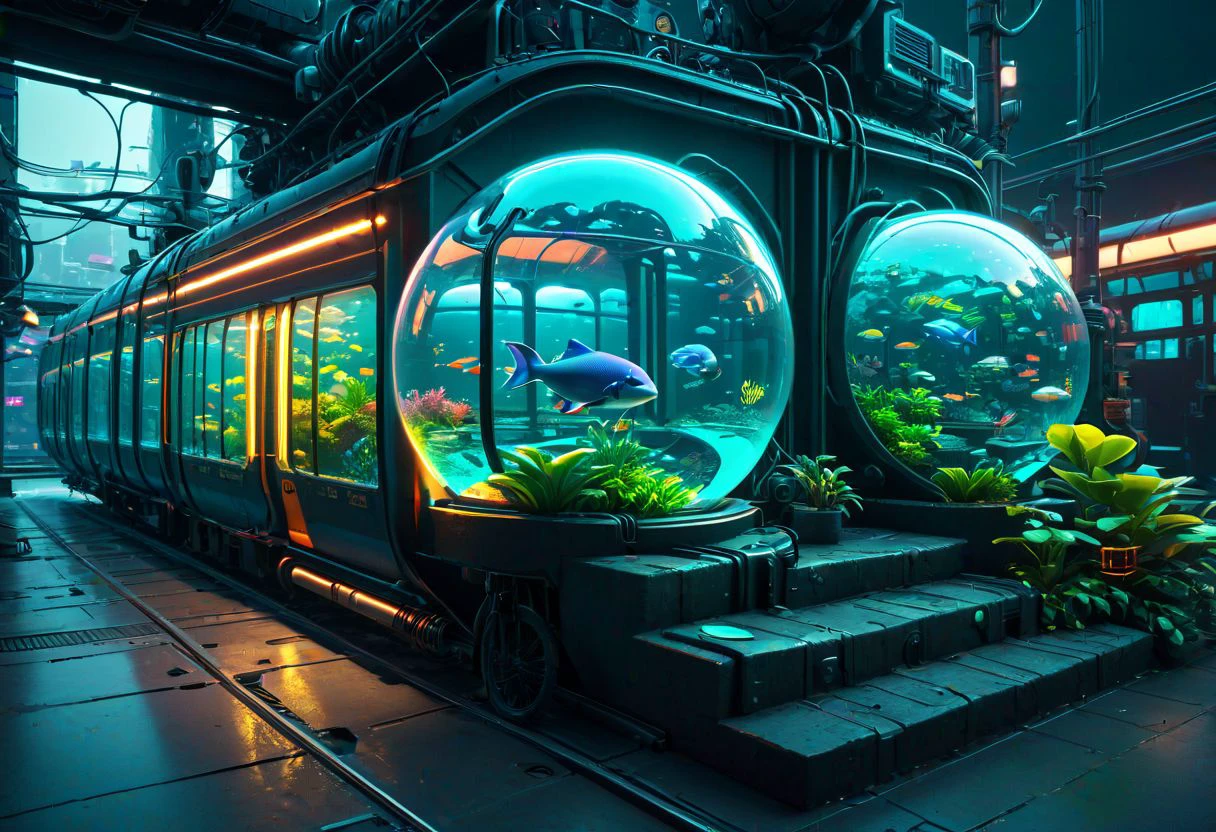 neon isometric, background, bubble, animal, globe, aquarium, cable, still life, train, bicycle cityscape, stairs, reflective floor, cyberpunk, dystopian city, plant, extremely detailed, masterpiece, official art, best quality, octane render, absurdres, side lighting, neon lighting, isometric view, diorama, cinematic lighting, cinematic angle