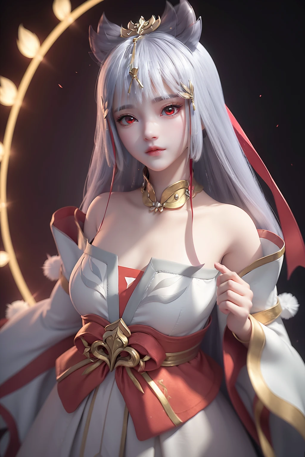 anime girl with long white hair and red dress posing for a picture, white haired deity, tifa lockhart with white hair, fanart best artstation, trending on artstation pixiv, onmyoji, onmyoji detailed art, onmyoji portrait, trending on cgstation, digital art on pixiv, advanced digital anime art, a beautiful fantasy empress