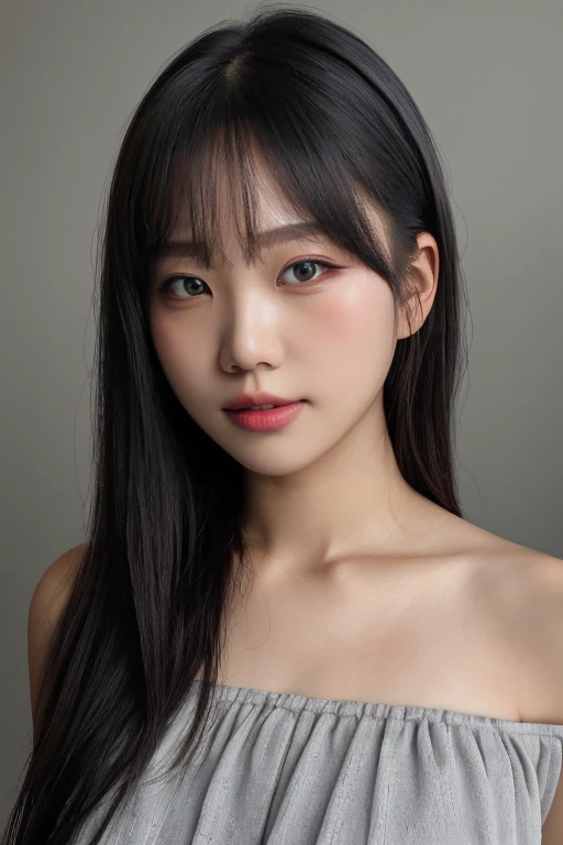 masterpiece, best quality, ultra-detailed, ultra high res, (photorealistic:1.4), raw photo, (realistic:0.2), 8k HDR, realistic lighting, 1girl, solo, looking at viewer, asymmetrical hair, (detailed oily skin), (detailed face), (simple gray background :1.1), (upper body:1.2), simple dress, sleeveless, off shoulder,