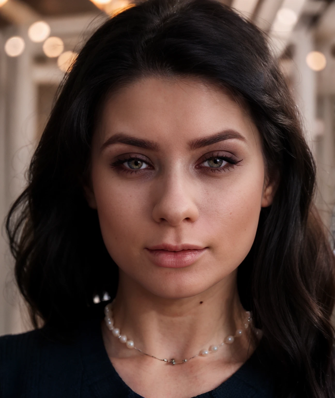cinematic photo a woman, <lora:quiron_NicoleBlack_v7_Lora:0.87> NicoleBlackQuiron , RAW, (Dutch angle), makeup, a face of perfect proportion, Depth of field, Riding, Pearl necklace, Formal Navy Fair Isle sweater, . 35mm photograph, film, bokeh, professional, 4k, highly detailed