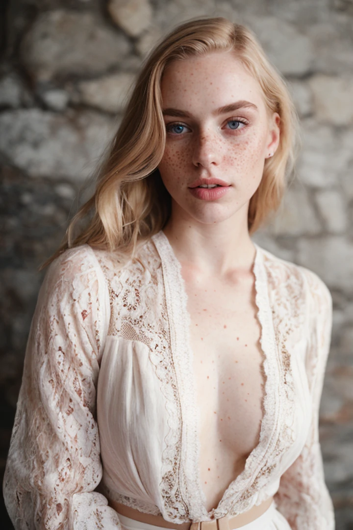 Beautiful blonde young woman with freckles,full lips,lace clothes,,90th photos from photo album, film, vintage style, flash from camera, hyper realistic,fine textures,high quality textures of materials, volumetric textures, natural textures, (natural colors, correct white balance, color correction, dehaze,clarity)